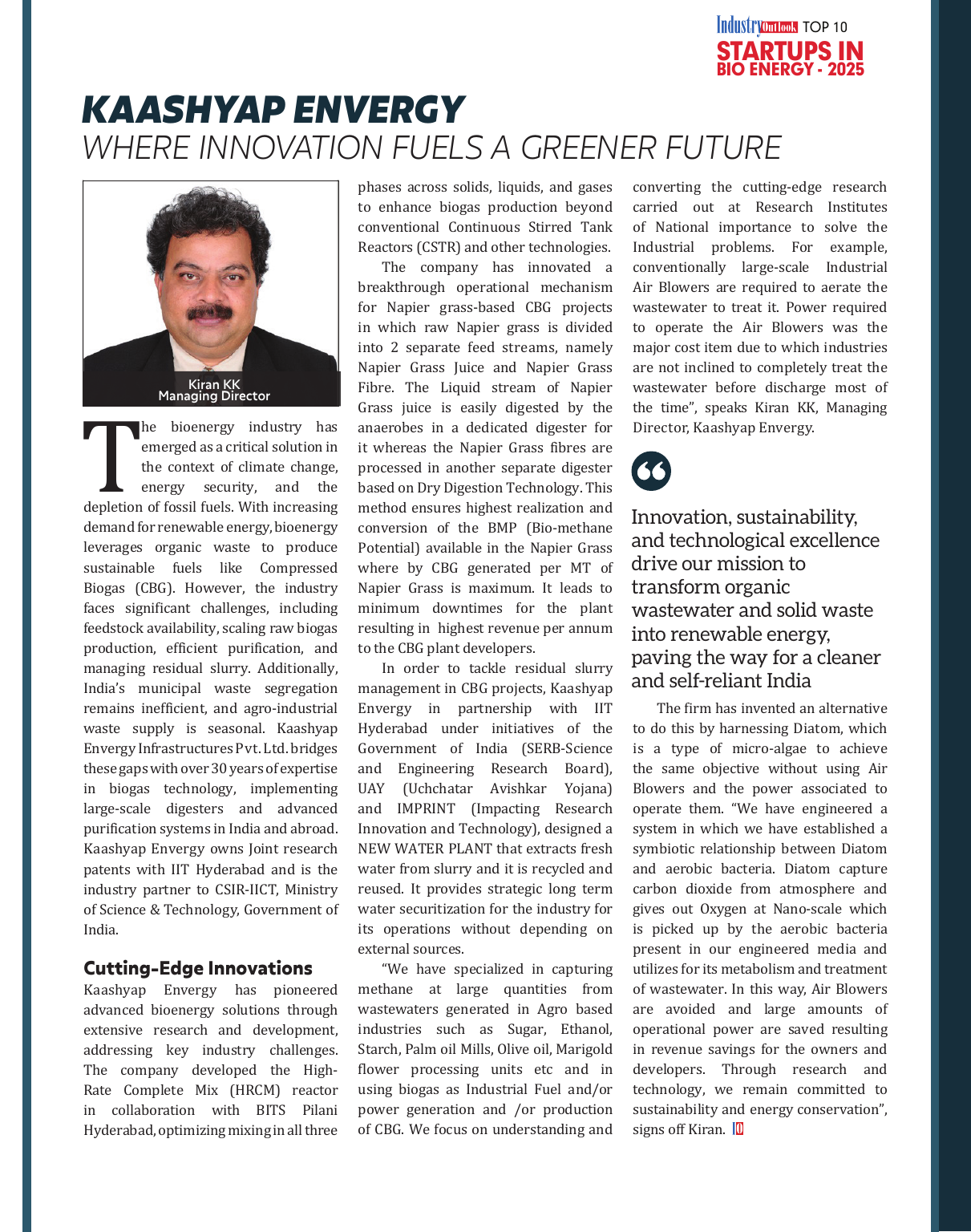 Kaashyap Envergy featured in Industrial Outlook magazine, January 2023