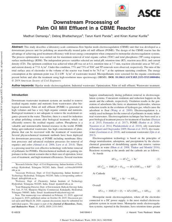 Downstream Processing of Palm Oil Mill Effluent in a CBME Reactor — first page