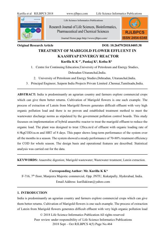 Treatment of Marigold Flower Effluent in Kaashyap Envergy Reactor — first page