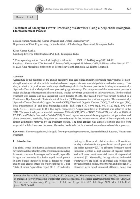 Treatment of Marigold Flower Processing Wastewater Using a Sequential Biological-Electrochemical Process — first page