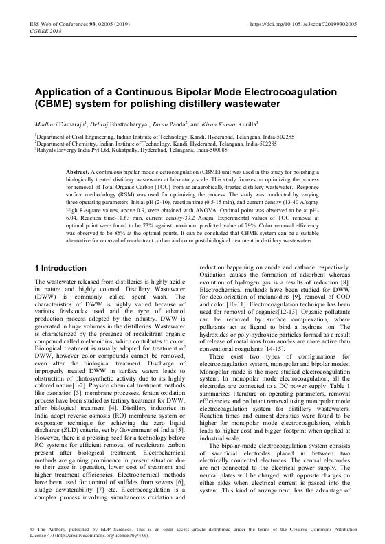 Application of a Continuous Bipolar Mode Electrocoagulation system for polishing distillery wastewater — first page