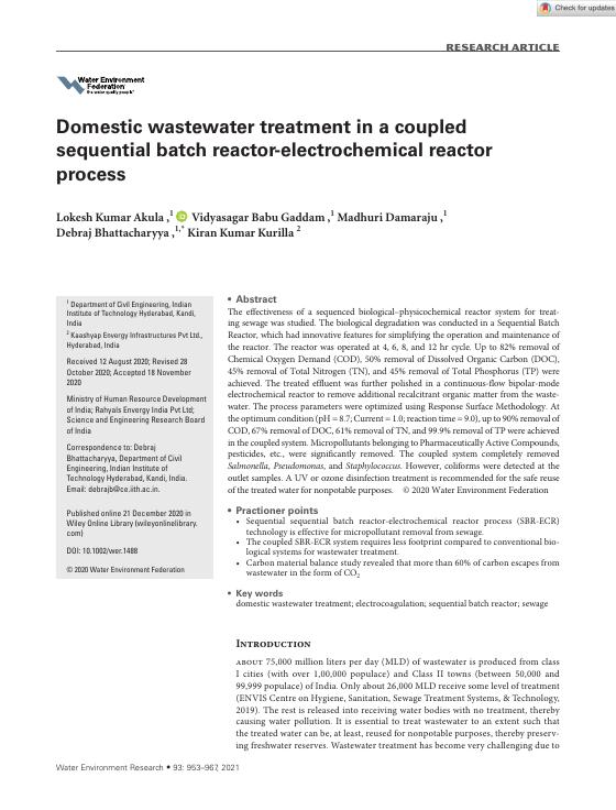 Domestic wastewater treatment in a coupled sequential batch reactor-electrochemical reactor process — first page